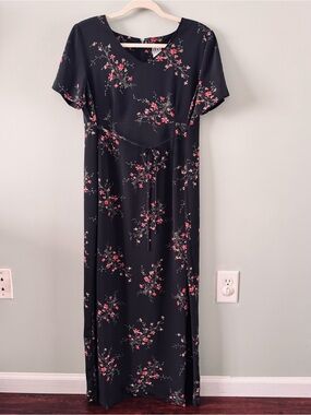 Duo Maternity Black Maxi Dress with Pink Floral Print S Cottagecore Whimsical